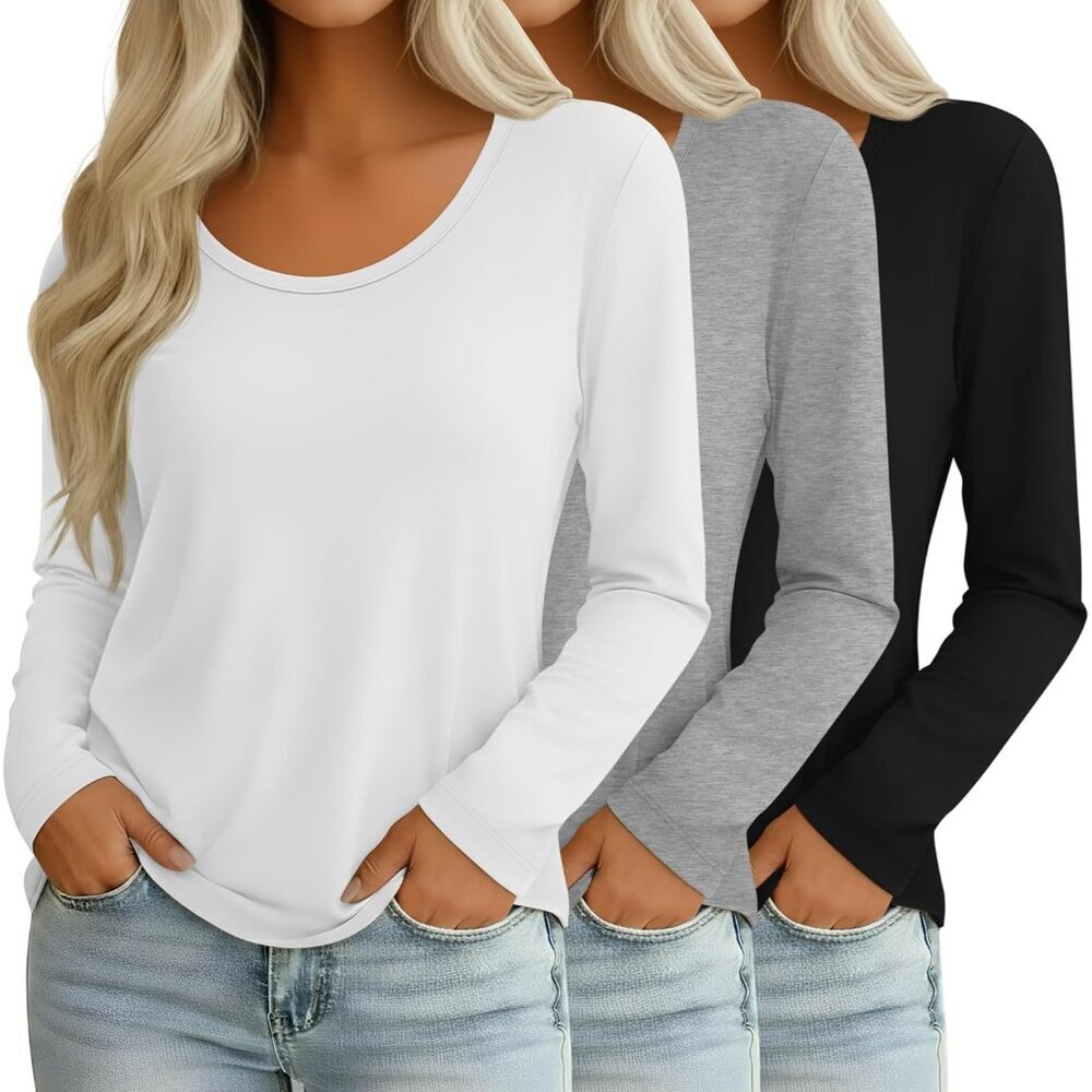 Women's Long Sleeve Shirts 3 Pack Basic Solid Scoop Neck Casual Tops